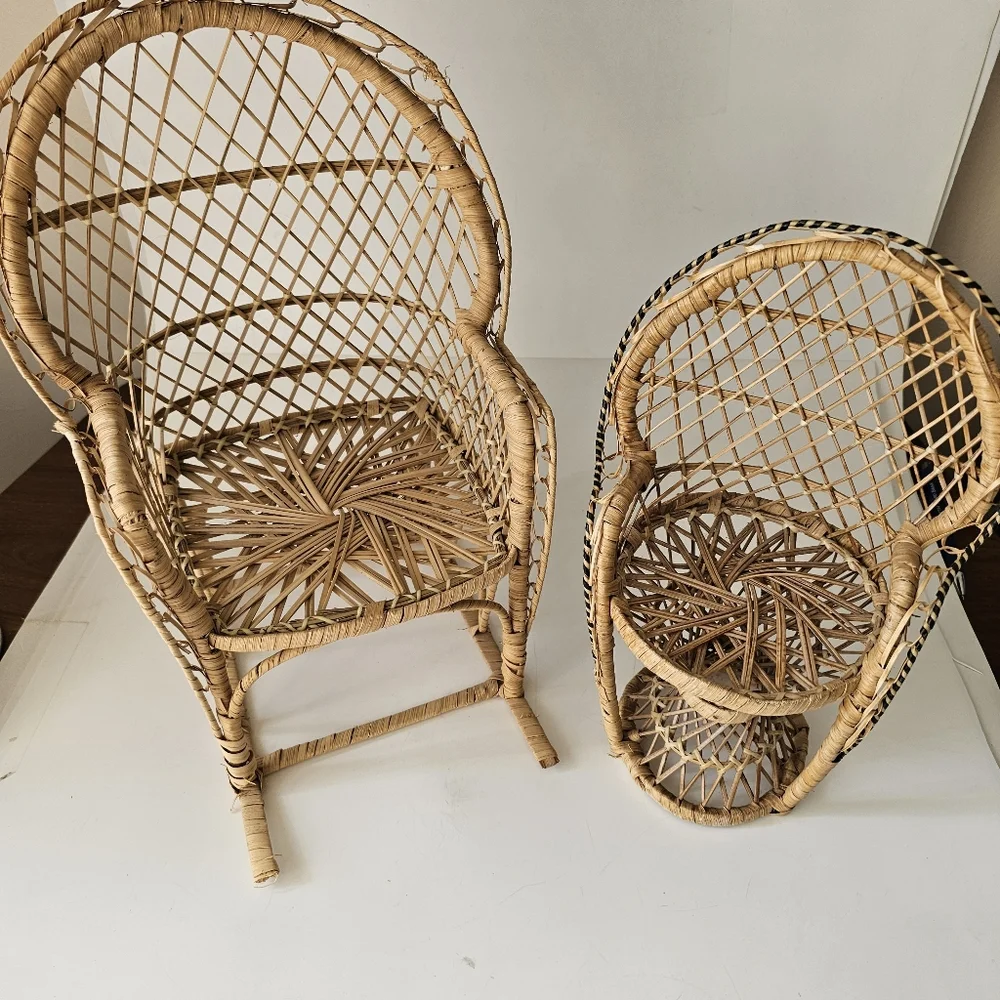 Natural Woven Rattan Wicker Peacock Rocker Chair Set Plant Stand Home Decor